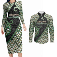 Custom Aotearoa Atua Papatuanuku Couples Matching Long Sleeve Bodycon Dress and Long Sleeve Button Shirt Earth Mother Father Koru Patterns DT05 Green - Polynesian Pride