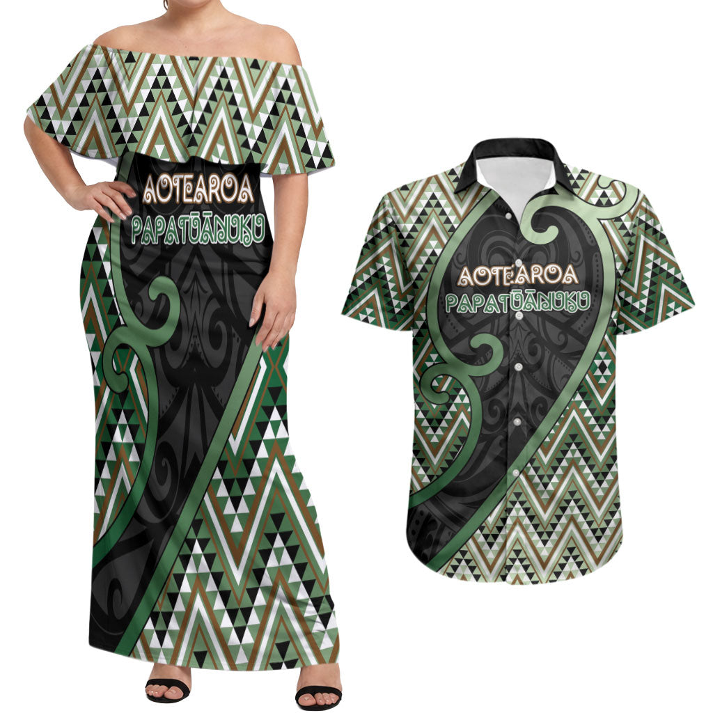 Custom Aotearoa Atua Papatuanuku Couples Matching Off Shoulder Maxi Dress and Hawaiian Shirt Earth Mother Father Koru Patterns DT05 Green - Polynesian Pride