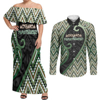 Custom Aotearoa Atua Papatuanuku Couples Matching Off Shoulder Maxi Dress and Long Sleeve Button Shirt Earth Mother Father Koru Patterns DT05 Green - Polynesian Pride