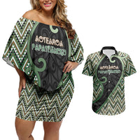 Custom Aotearoa Atua Papatuanuku Couples Matching Off Shoulder Short Dress and Hawaiian Shirt Earth Mother Father Koru Patterns DT05 Green - Polynesian Pride