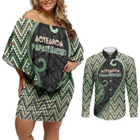Custom Aotearoa Atua Papatuanuku Couples Matching Off Shoulder Short Dress and Long Sleeve Button Shirt Earth Mother Father Koru Patterns DT05 Green - Polynesian Pride