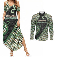 Custom Aotearoa Atua Papatuanuku Couples Matching Summer Maxi Dress and Long Sleeve Button Shirt Earth Mother Father Koru Patterns DT05 Green - Polynesian Pride