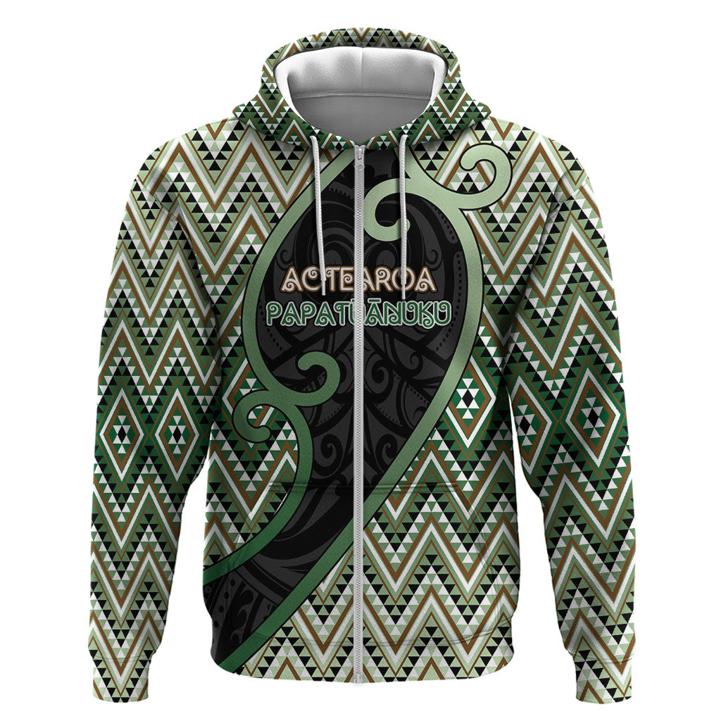 Custom Aotearoa Atua Papatuanuku Hoodie Earth Mother Father Koru Patterns DT05 Zip Hoodie Green - Polynesian Pride