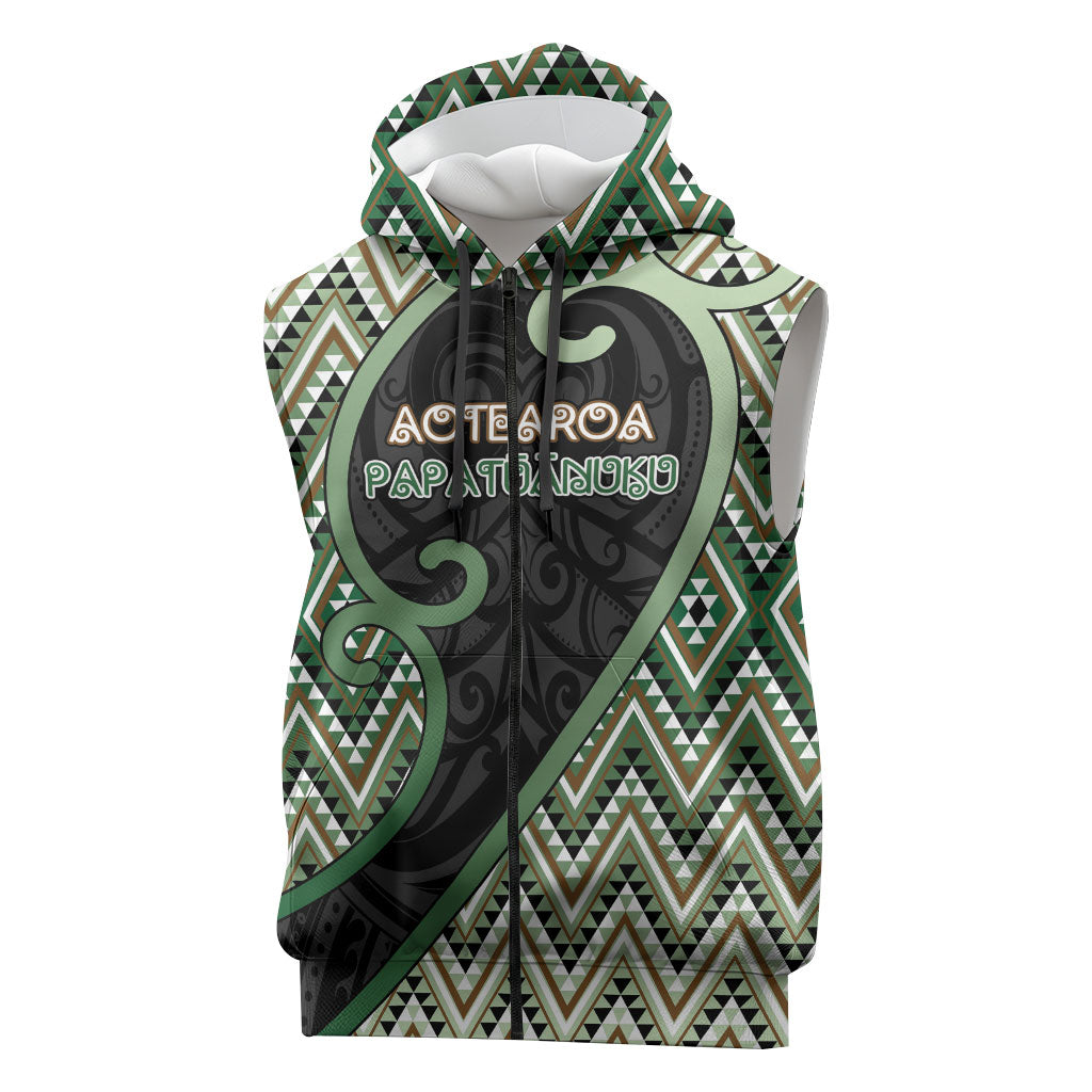Custom Aotearoa Atua Papatuanuku Sleeveless Zip Hoodie Earth Mother Father Koru Patterns DT05 Green - Polynesian Pride