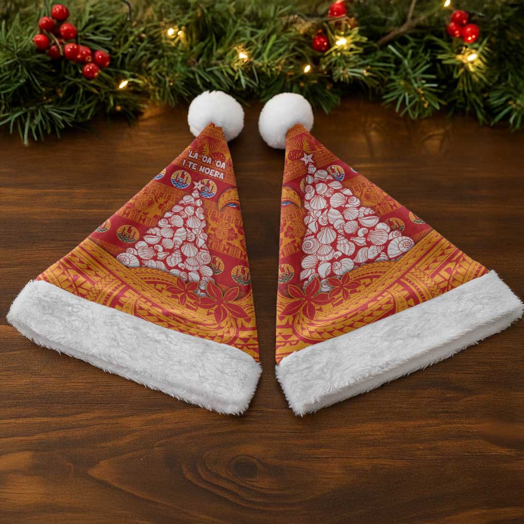 French Polynesia Christmas Santa Hat Seashell Xmas Tree Tribal Waves - Polynesian Pride