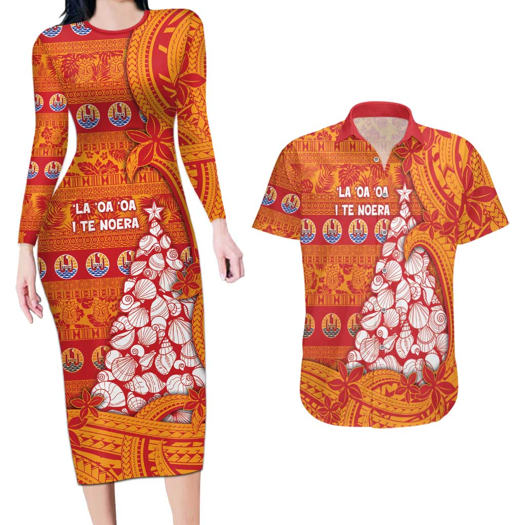 French Polynesia Christmas Couples Matching Long Sleeve Bodycon Dress and Hawaiian Shirt Seashell Xmas Tree Tribal Waves DT05 Orange - Polynesian Pride