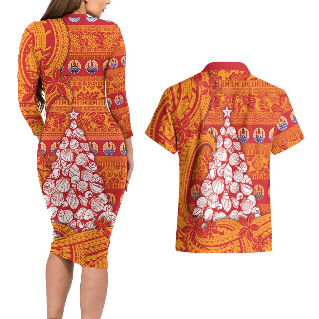 French Polynesia Christmas Couples Matching Long Sleeve Bodycon Dress and Hawaiian Shirt Seashell Xmas Tree Tribal Waves DT05 - Polynesian Pride