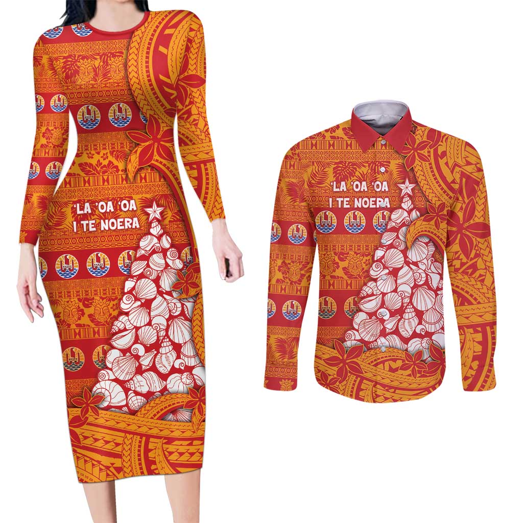 French Polynesia Christmas Couples Matching Long Sleeve Bodycon Dress and Long Sleeve Button Shirt Seashell Xmas Tree Tribal Waves - Polynesian Pride
