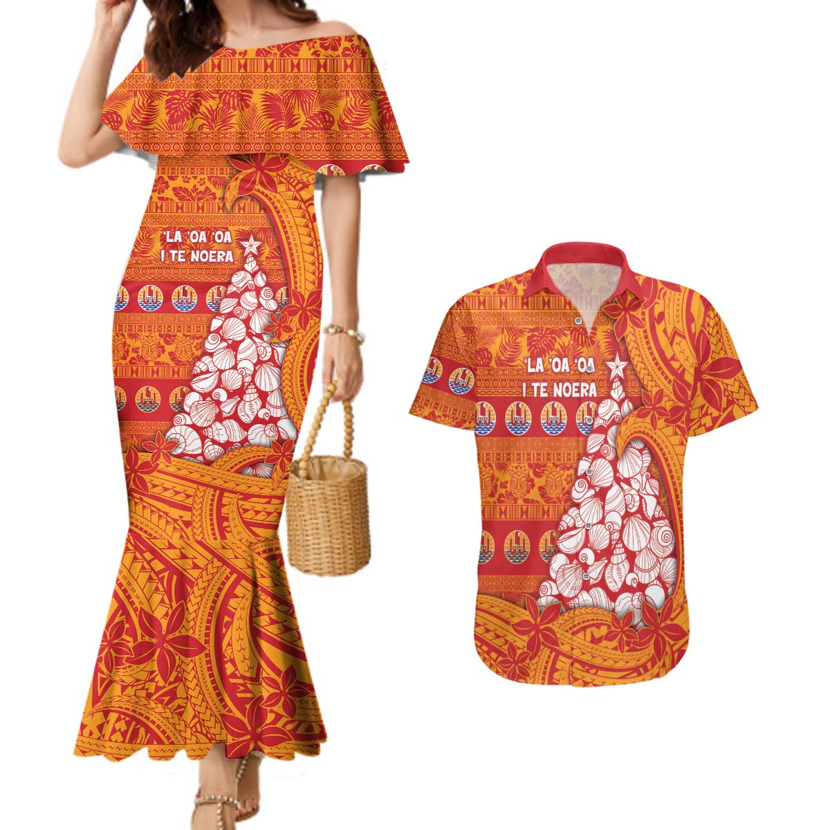 French Polynesia Christmas Couples Matching Mermaid Dress and Hawaiian Shirt Seashell Xmas Tree Tribal Waves - Polynesian Pride