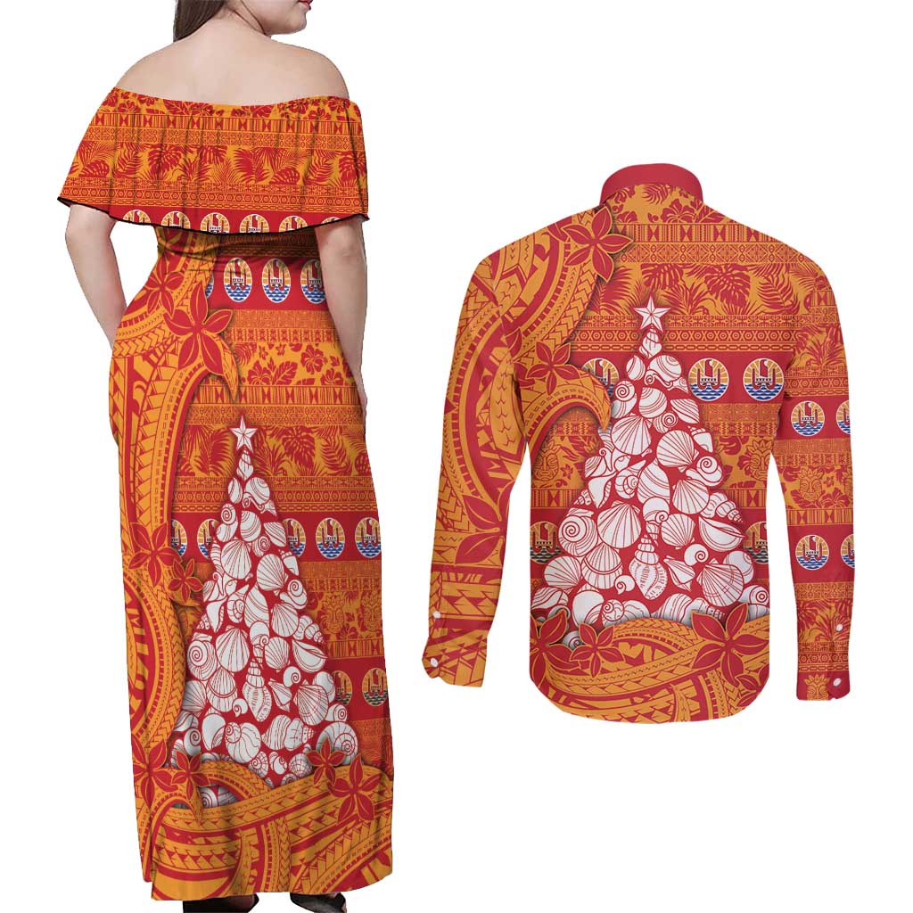 French Polynesia Christmas Couples Matching Off Shoulder Maxi Dress and Long Sleeve Button Shirt Seashell Xmas Tree Tribal Waves - Polynesian Pride