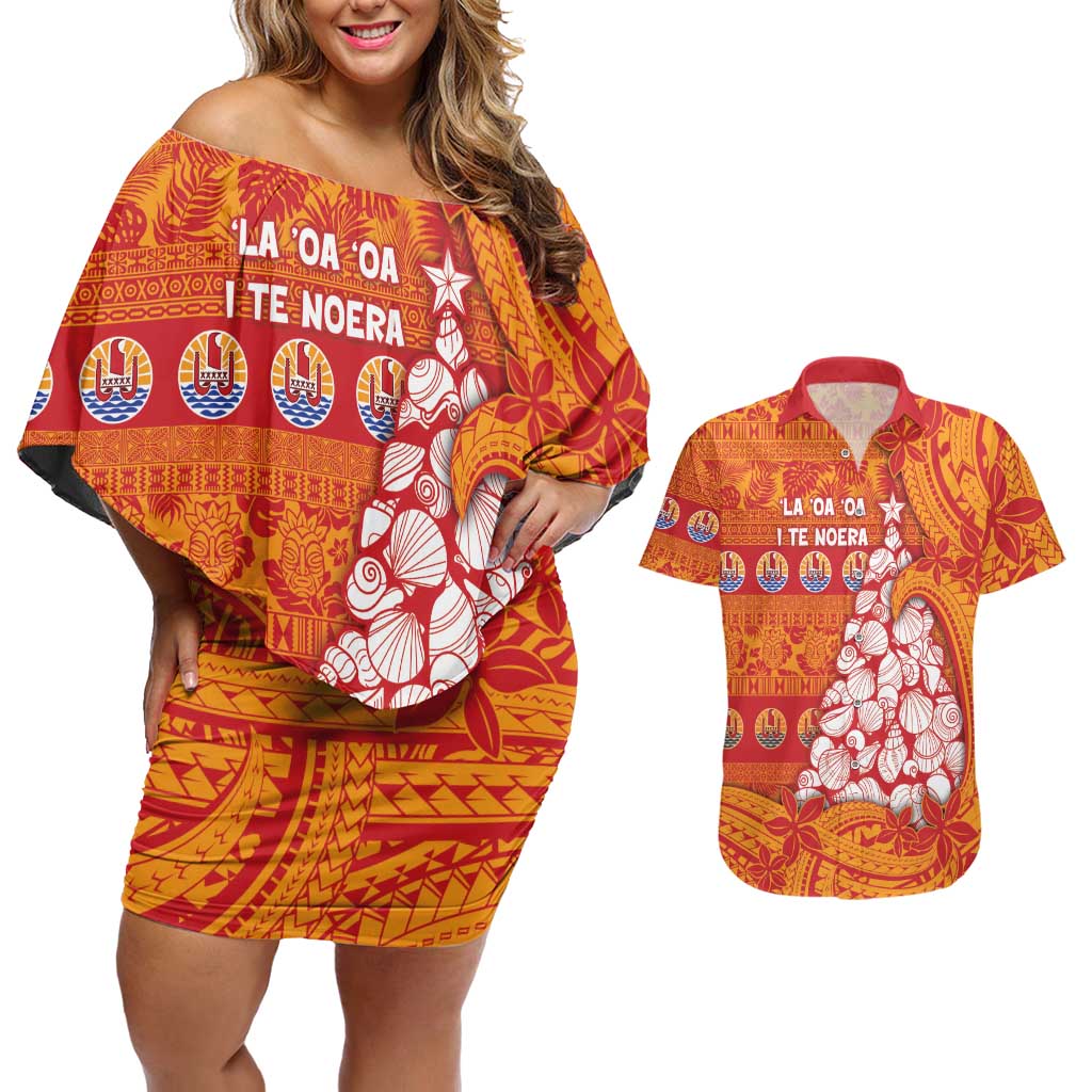 French Polynesia Christmas Couples Matching Off Shoulder Short Dress and Hawaiian Shirt Seashell Xmas Tree Tribal Waves - Polynesian Pride