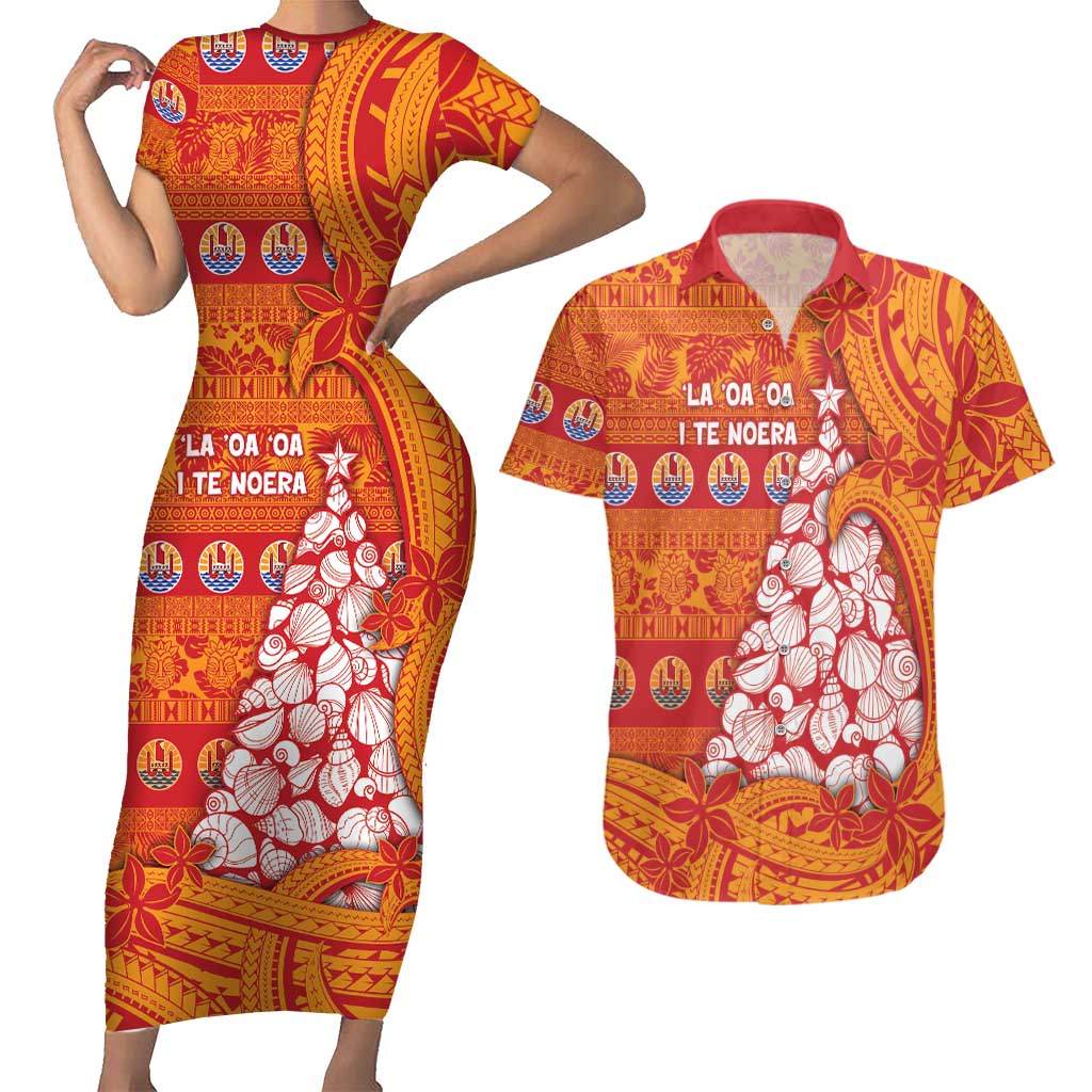 French Polynesia Christmas Couples Matching Short Sleeve Bodycon Dress and Hawaiian Shirt Seashell Xmas Tree Tribal Waves DT05 Orange - Polynesian Pride