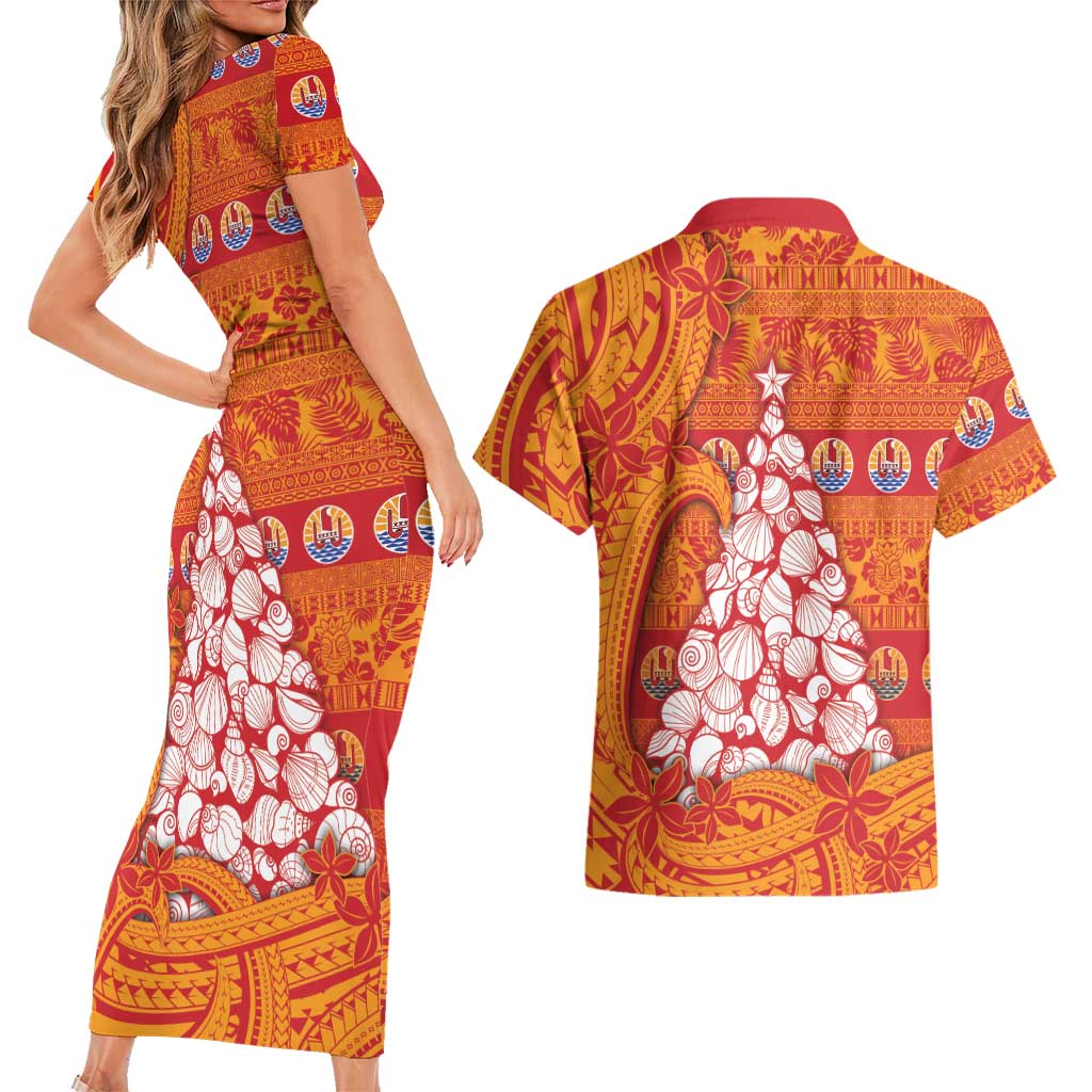 French Polynesia Christmas Couples Matching Short Sleeve Bodycon Dress and Hawaiian Shirt Seashell Xmas Tree Tribal Waves DT05 - Polynesian Pride