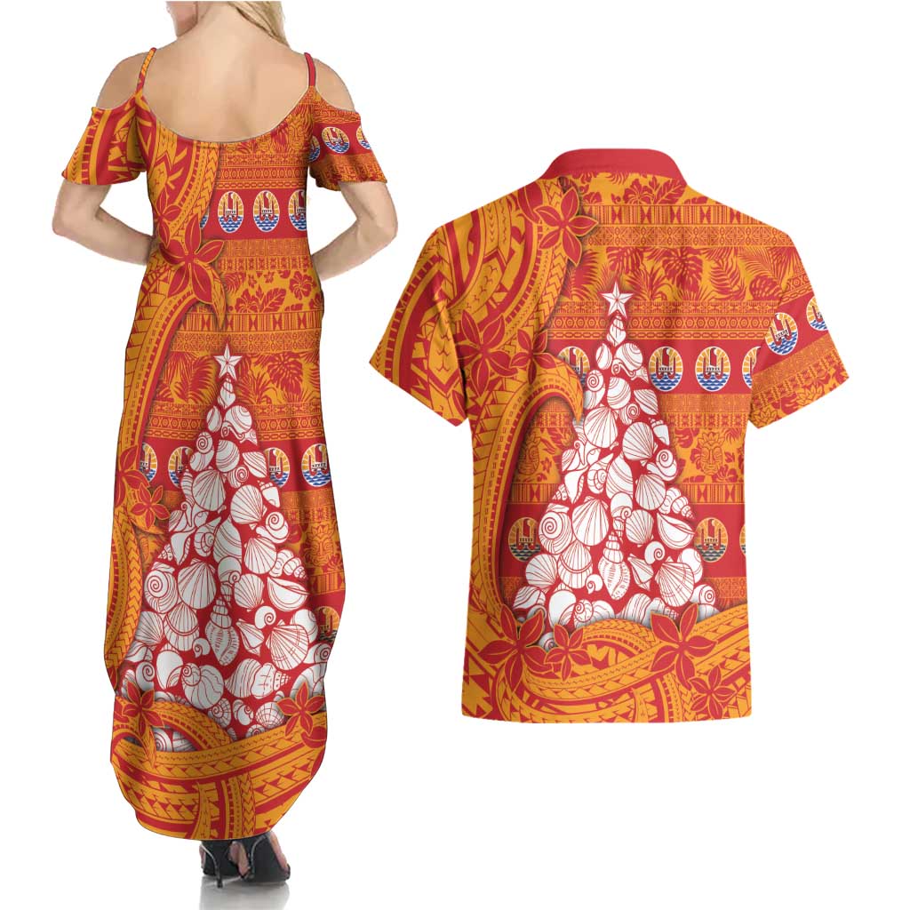 French Polynesia Christmas Couples Matching Summer Maxi Dress and Hawaiian Shirt Seashell Xmas Tree Tribal Waves - Polynesian Pride