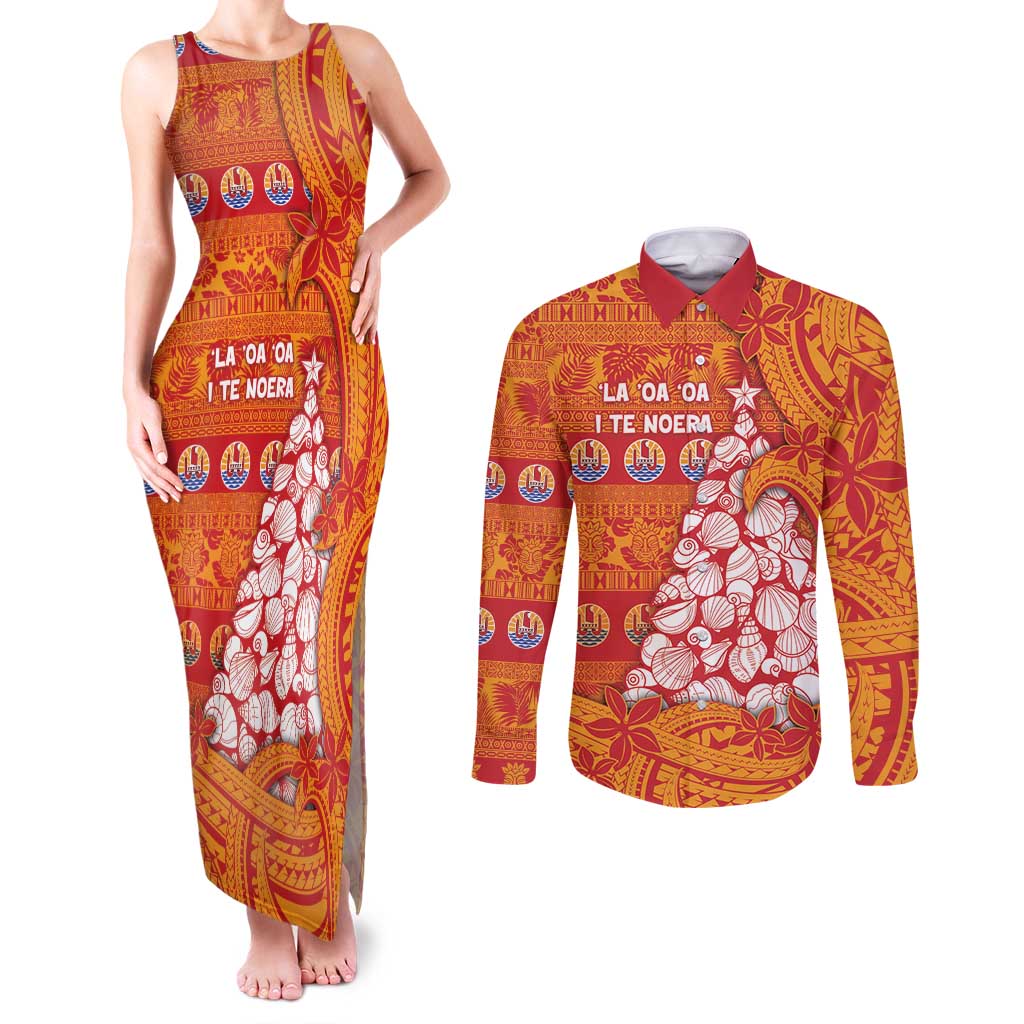 French Polynesia Christmas Couples Matching Tank Maxi Dress and Long Sleeve Button Shirt Seashell Xmas Tree Tribal Waves - Polynesian Pride