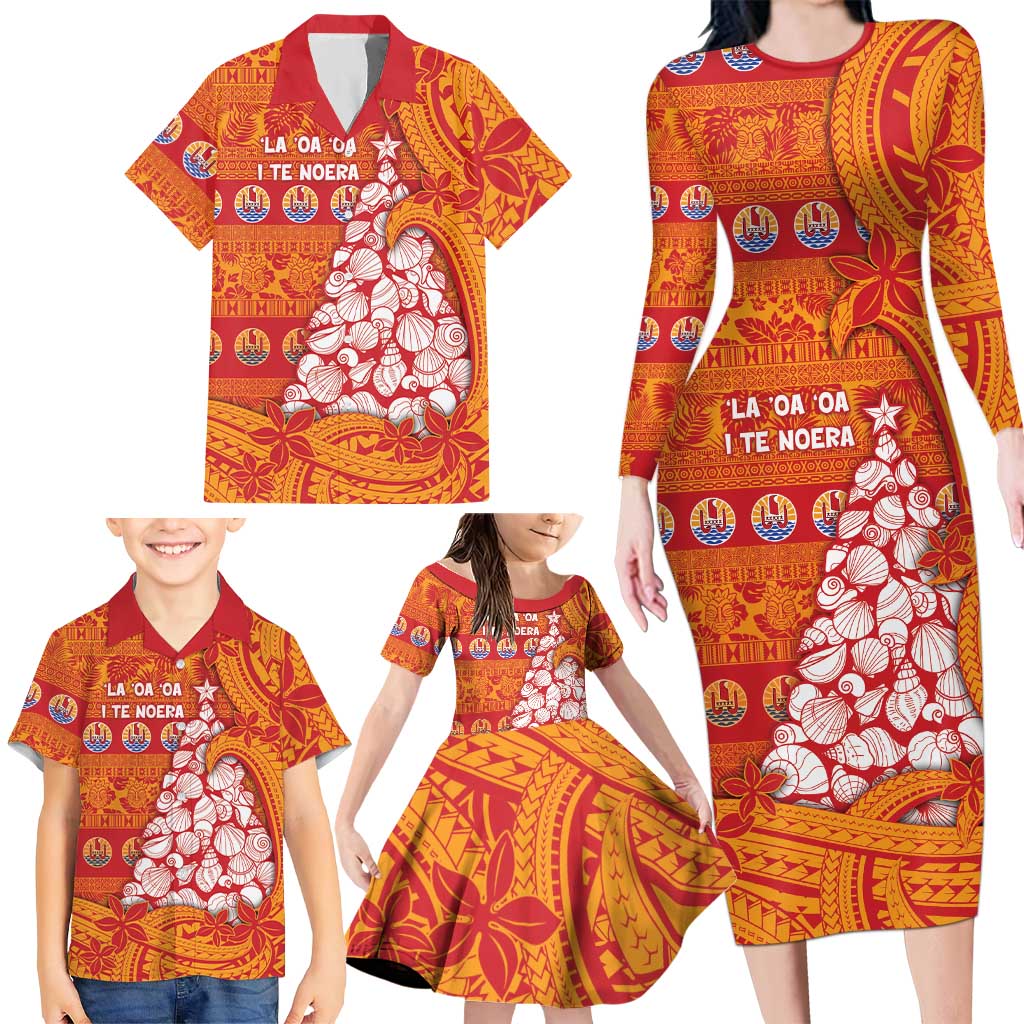 French Polynesia Christmas Family Matching Long Sleeve Bodycon Dress and Hawaiian Shirt Seashell Xmas Tree Tribal Waves DT05 - Polynesian Pride