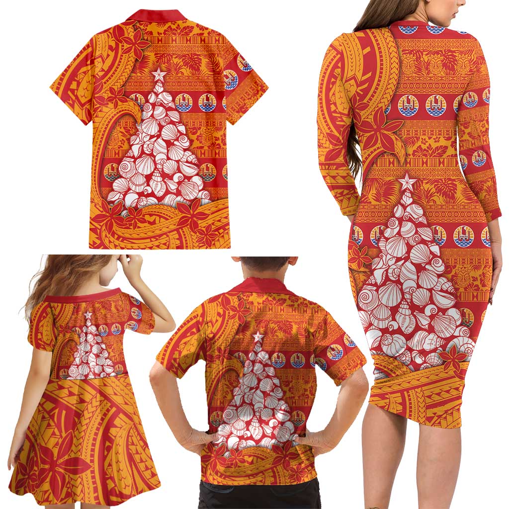 French Polynesia Christmas Family Matching Long Sleeve Bodycon Dress and Hawaiian Shirt Seashell Xmas Tree Tribal Waves DT05 - Polynesian Pride