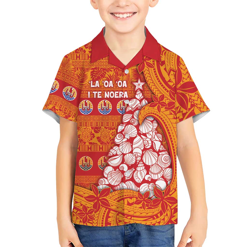 French Polynesia Christmas Family Matching Long Sleeve Bodycon Dress and Hawaiian Shirt Seashell Xmas Tree Tribal Waves DT05 Son's Shirt Orange - Polynesian Pride