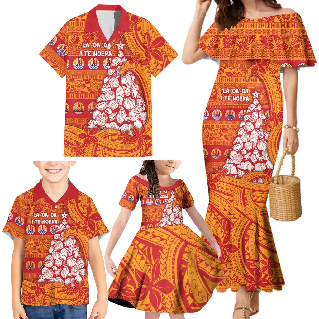 French Polynesia Christmas Family Matching Mermaid Dress and Hawaiian Shirt Seashell Xmas Tree Tribal Waves DT05 - Polynesian Pride