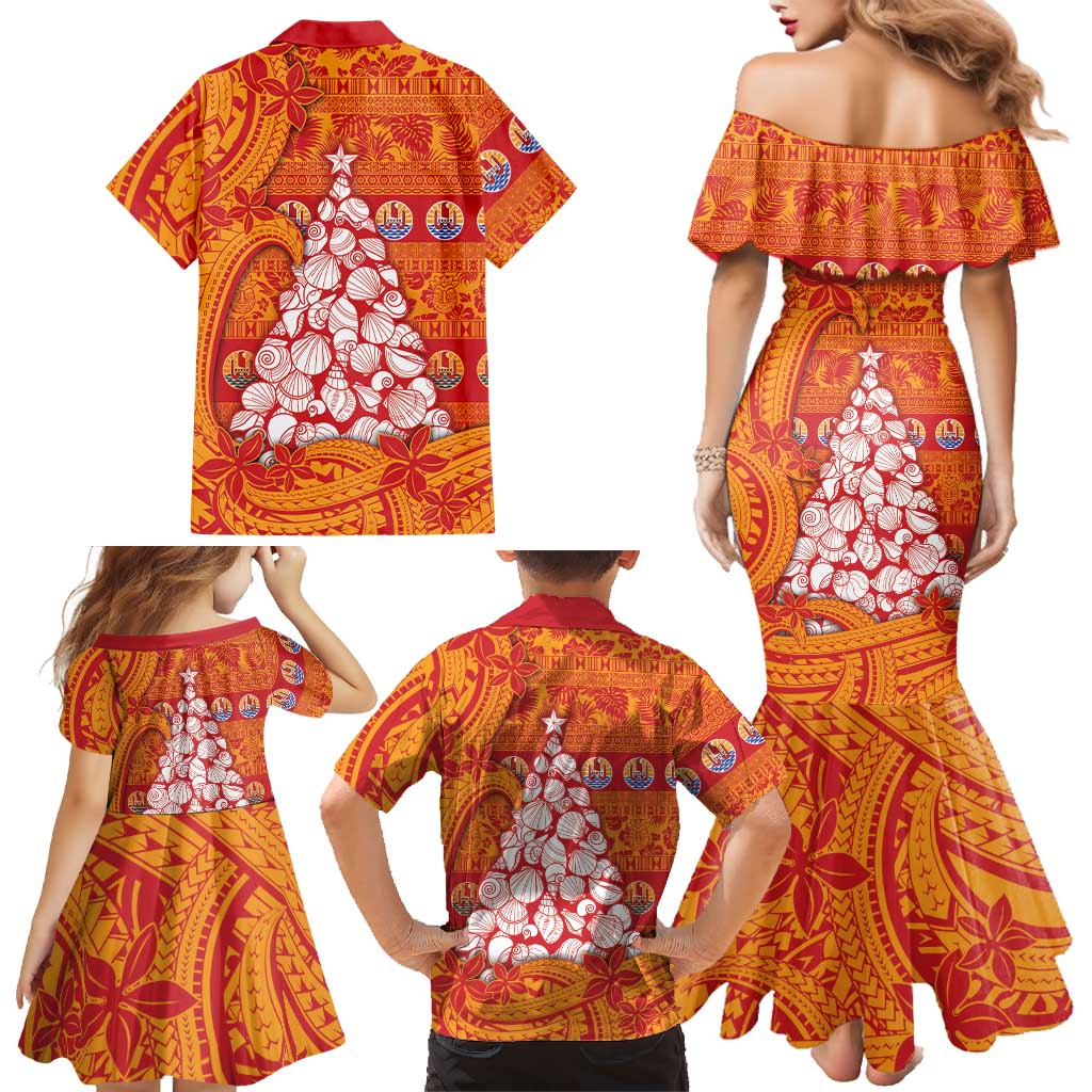 French Polynesia Christmas Family Matching Mermaid Dress and Hawaiian Shirt Seashell Xmas Tree Tribal Waves DT05 - Polynesian Pride
