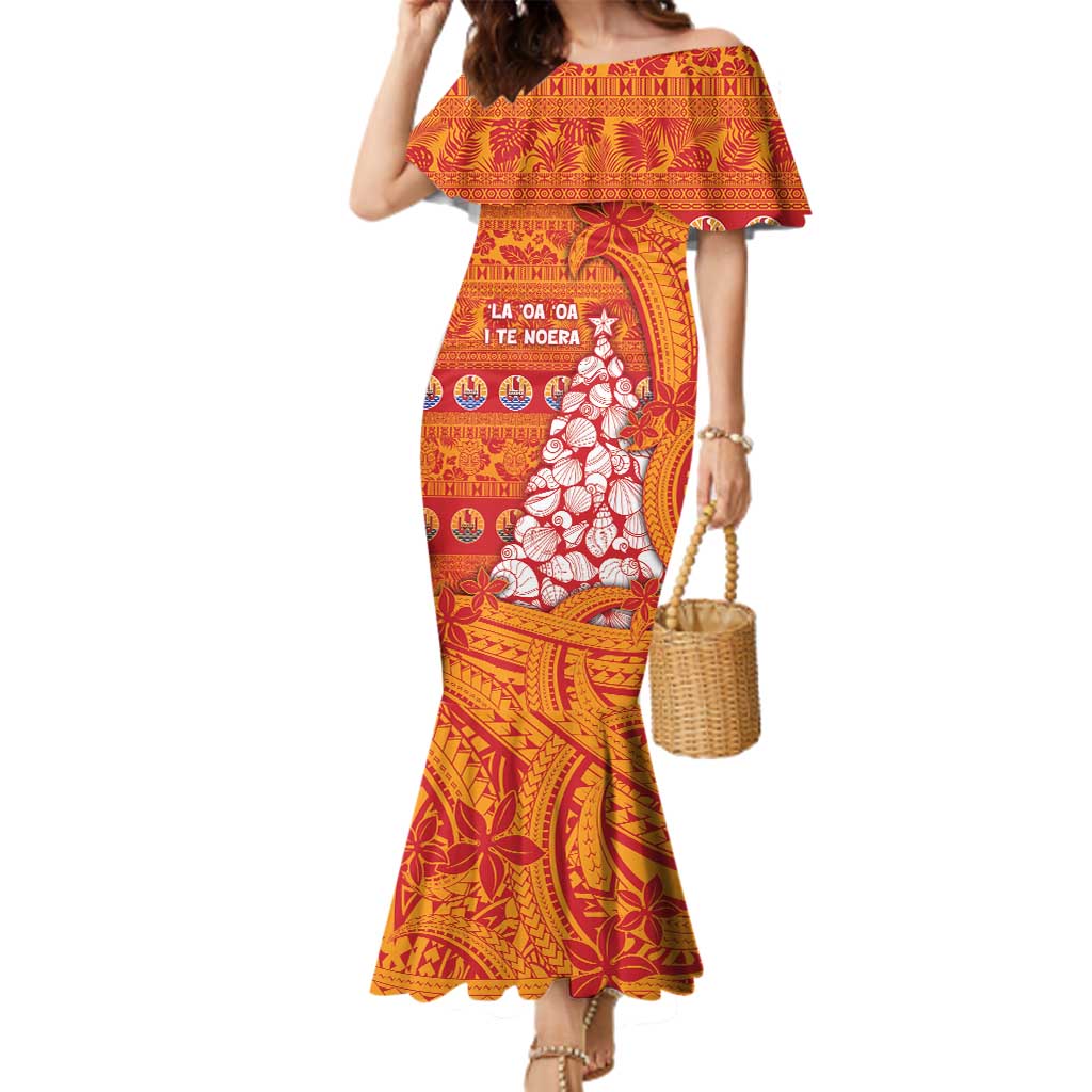 French Polynesia Christmas Family Matching Mermaid Dress and Hawaiian Shirt Seashell Xmas Tree Tribal Waves DT05 Mom's Dress Orange - Polynesian Pride