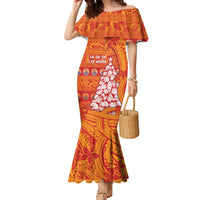 French Polynesia Christmas Family Matching Mermaid Dress and Hawaiian Shirt Seashell Xmas Tree Tribal Waves DT05 Mom's Dress Orange - Polynesian Pride