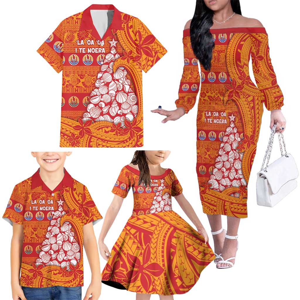 French Polynesia Christmas Family Matching Off The Shoulder Long Sleeve Dress and Hawaiian Shirt Seashell Xmas Tree Tribal Waves DT05 - Polynesian Pride