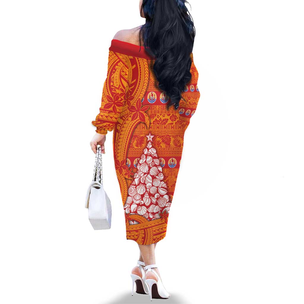 French Polynesia Christmas Family Matching Off The Shoulder Long Sleeve Dress and Hawaiian Shirt Seashell Xmas Tree Tribal Waves DT05 - Polynesian Pride