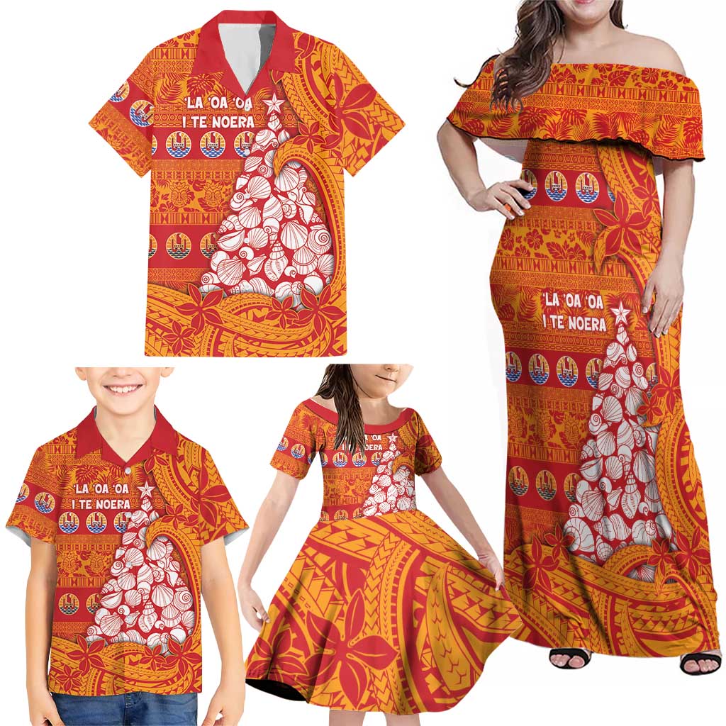 French Polynesia Christmas Family Matching Off Shoulder Maxi Dress and Hawaiian Shirt Seashell Xmas Tree Tribal Waves DT05 - Polynesian Pride