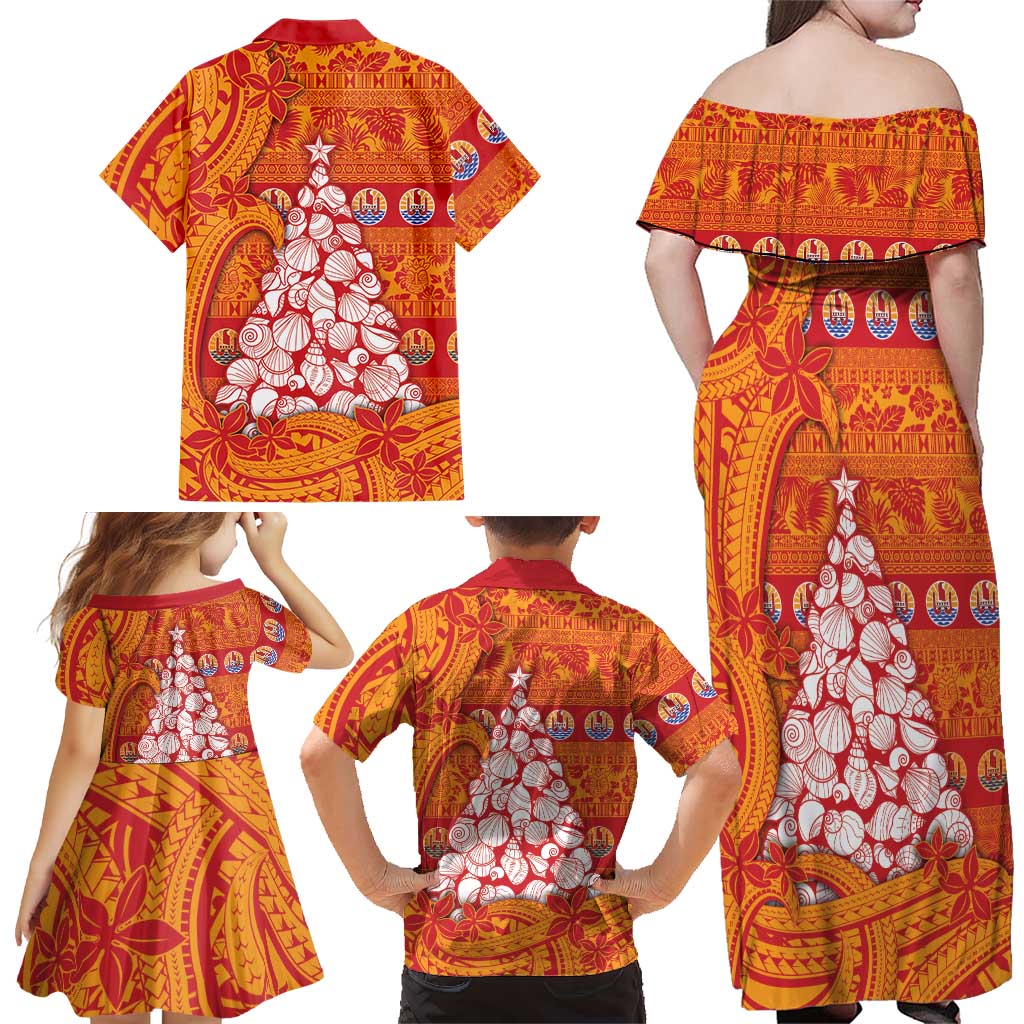 French Polynesia Christmas Family Matching Off Shoulder Maxi Dress and Hawaiian Shirt Seashell Xmas Tree Tribal Waves DT05 - Polynesian Pride
