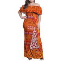 French Polynesia Christmas Family Matching Off Shoulder Maxi Dress and Hawaiian Shirt Seashell Xmas Tree Tribal Waves DT05 Mom's Dress Orange - Polynesian Pride