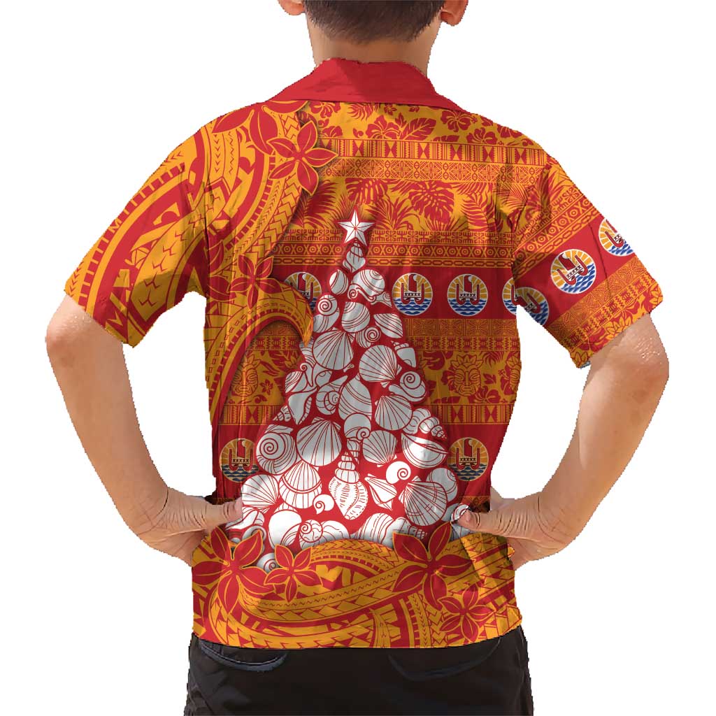 French Polynesia Christmas Family Matching Off Shoulder Short Dress and Hawaiian Shirt Seashell Xmas Tree Tribal Waves DT05 - Polynesian Pride