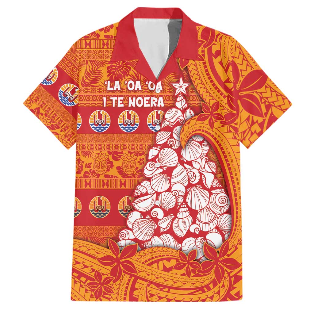 French Polynesia Christmas Family Matching Off Shoulder Short Dress and Hawaiian Shirt Seashell Xmas Tree Tribal Waves DT05 Dad's Shirt - Short Sleeve Orange - Polynesian Pride