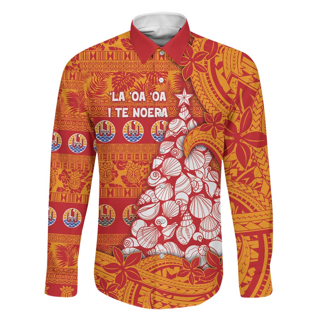 French Polynesia Christmas Family Matching Off Shoulder Short Dress and Hawaiian Shirt Seashell Xmas Tree Tribal Waves DT05 Dad's Shirt - Long Sleeve Orange - Polynesian Pride