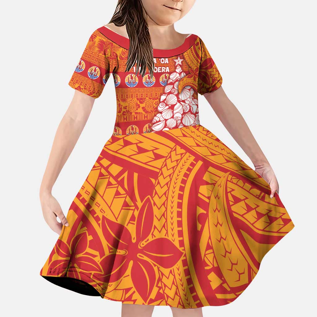French Polynesia Christmas Family Matching Short Sleeve Bodycon Dress and Hawaiian Shirt Seashell Xmas Tree Tribal Waves DT05 Daughter's Dress Orange - Polynesian Pride