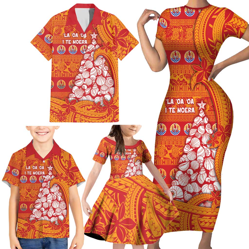 French Polynesia Christmas Family Matching Short Sleeve Bodycon Dress and Hawaiian Shirt Seashell Xmas Tree Tribal Waves - Polynesian Pride