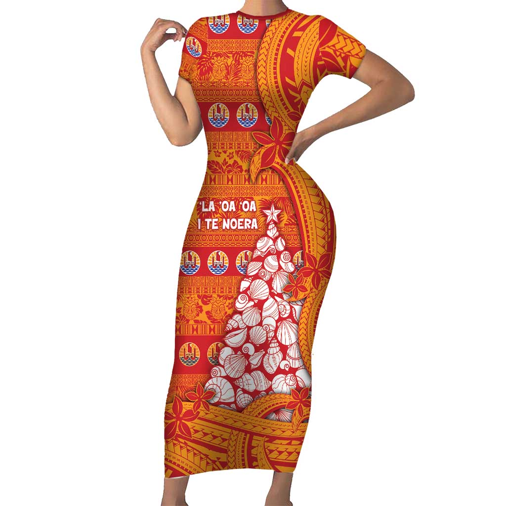 French Polynesia Christmas Family Matching Short Sleeve Bodycon Dress and Hawaiian Shirt Seashell Xmas Tree Tribal Waves DT05 Mom's Dress Orange - Polynesian Pride