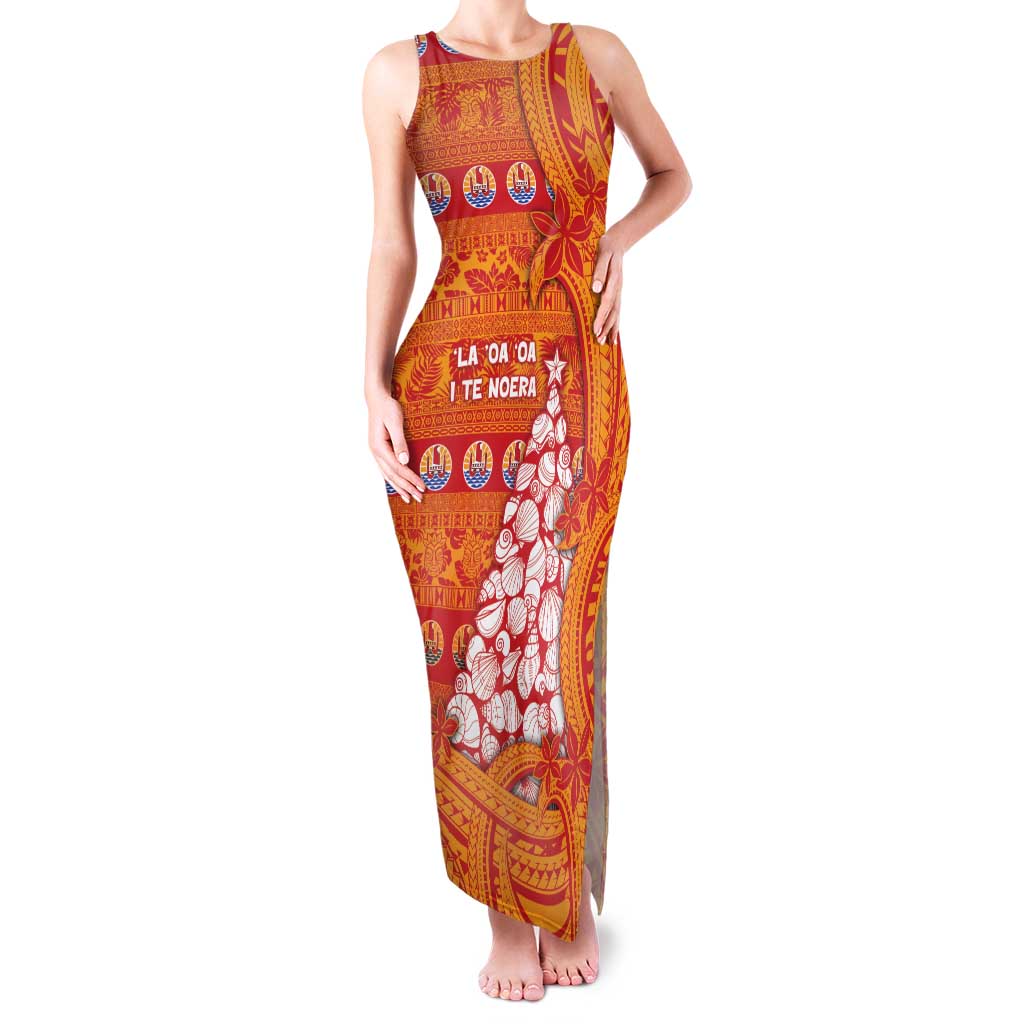 French Polynesia Christmas Family Matching Tank Maxi Dress and Hawaiian Shirt Seashell Xmas Tree Tribal Waves DT05 Mom's Dress Orange - Polynesian Pride