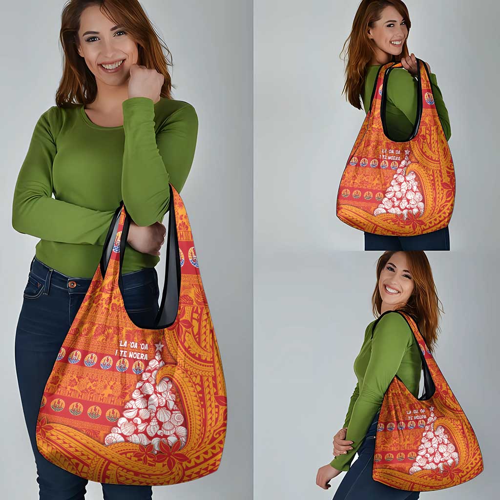 French Polynesia Christmas Grocery Bag Seashell Xmas Tree Tribal Waves - Polynesian Pride