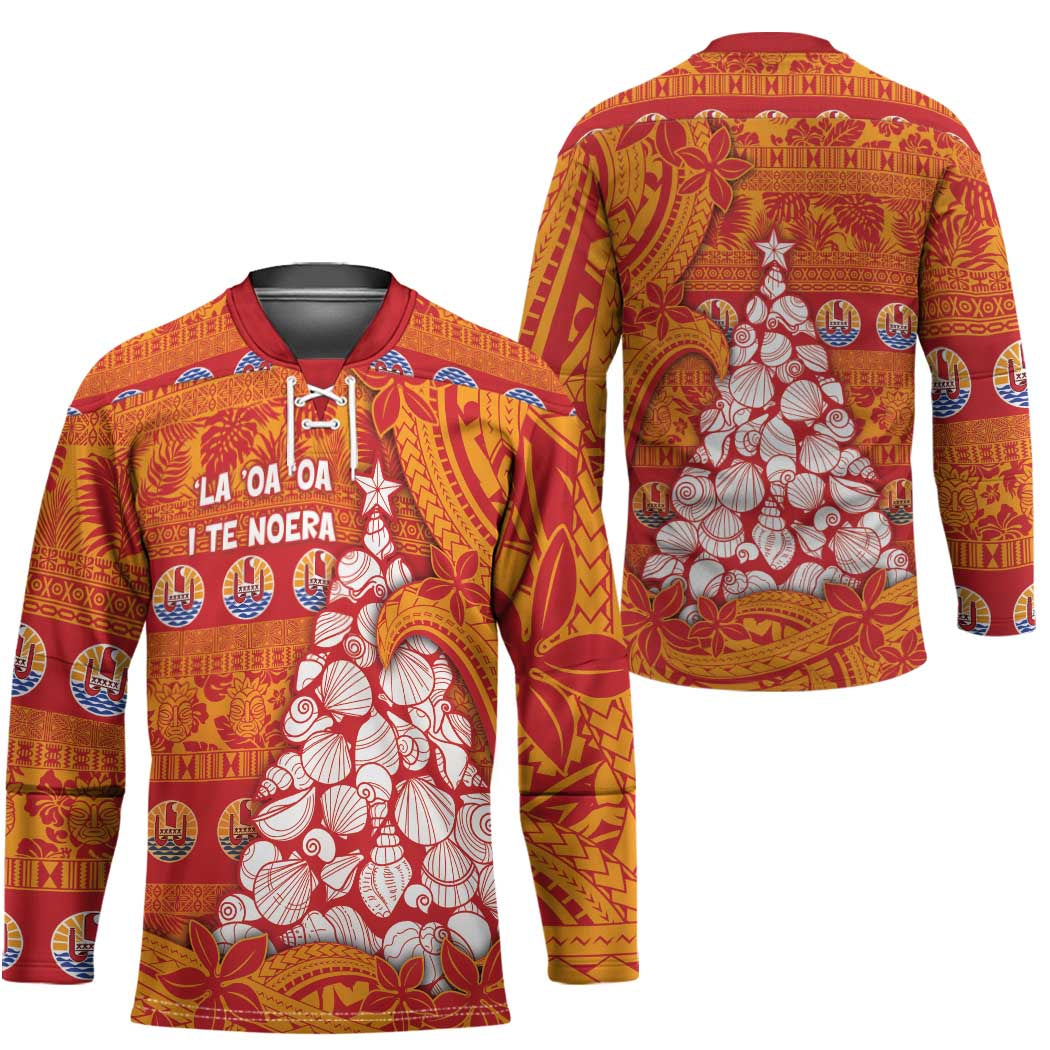 French Polynesia Christmas Hockey Jersey Seashell Xmas Tree Tribal Waves - Polynesian Pride