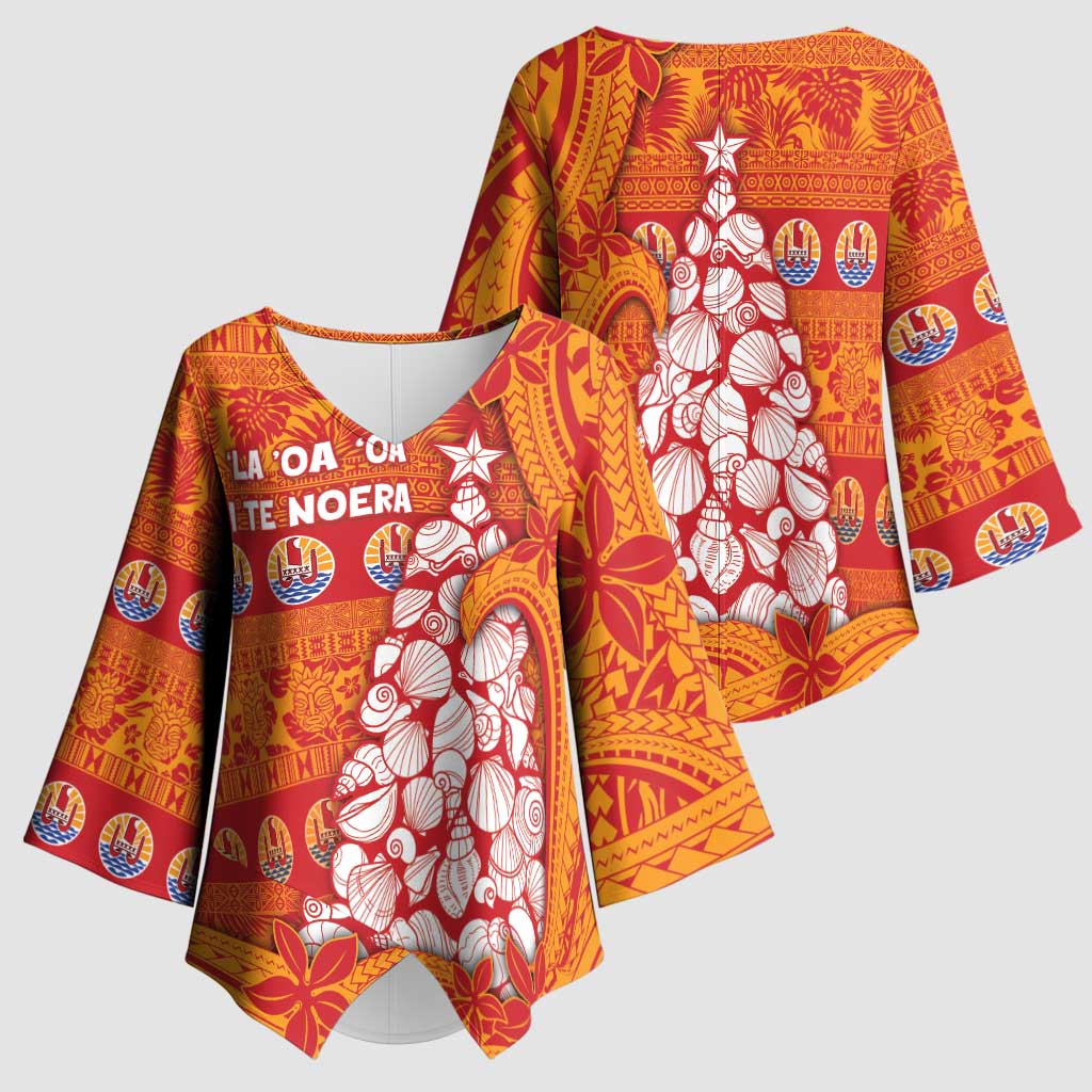 French Polynesia Christmas Kimono Sleeve Blouse Seashell Xmas Tree Tribal Waves - Polynesian Pride