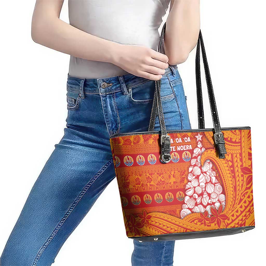 French Polynesia Christmas Leather Tote Bag Seashell Xmas Tree Tribal Waves - Polynesian Pride