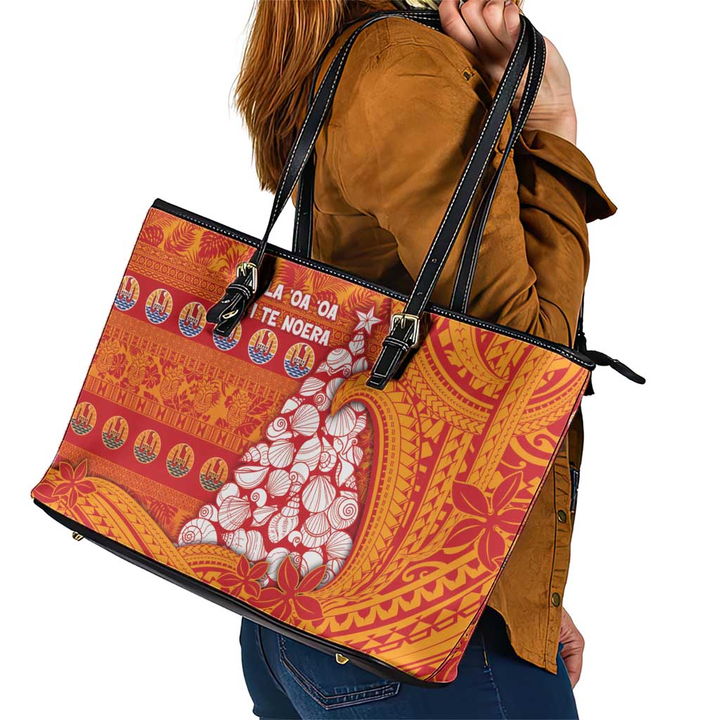 French Polynesia Christmas Leather Tote Bag Seashell Xmas Tree Tribal Waves - Polynesian Pride