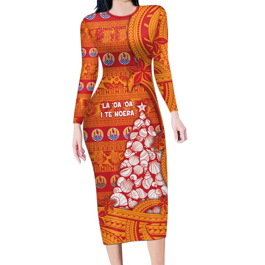 French Polynesia Christmas Long Sleeve Bodycon Dress Seashell Xmas Tree Tribal Waves - Polynesian Pride