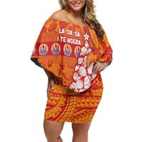 French Polynesia Christmas Off Shoulder Short Dress Seashell Xmas Tree Tribal Waves DT05 Women Orange - Polynesian Pride
