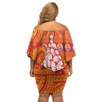 French Polynesia Christmas Off Shoulder Short Dress Seashell Xmas Tree Tribal Waves DT05 - Polynesian Pride