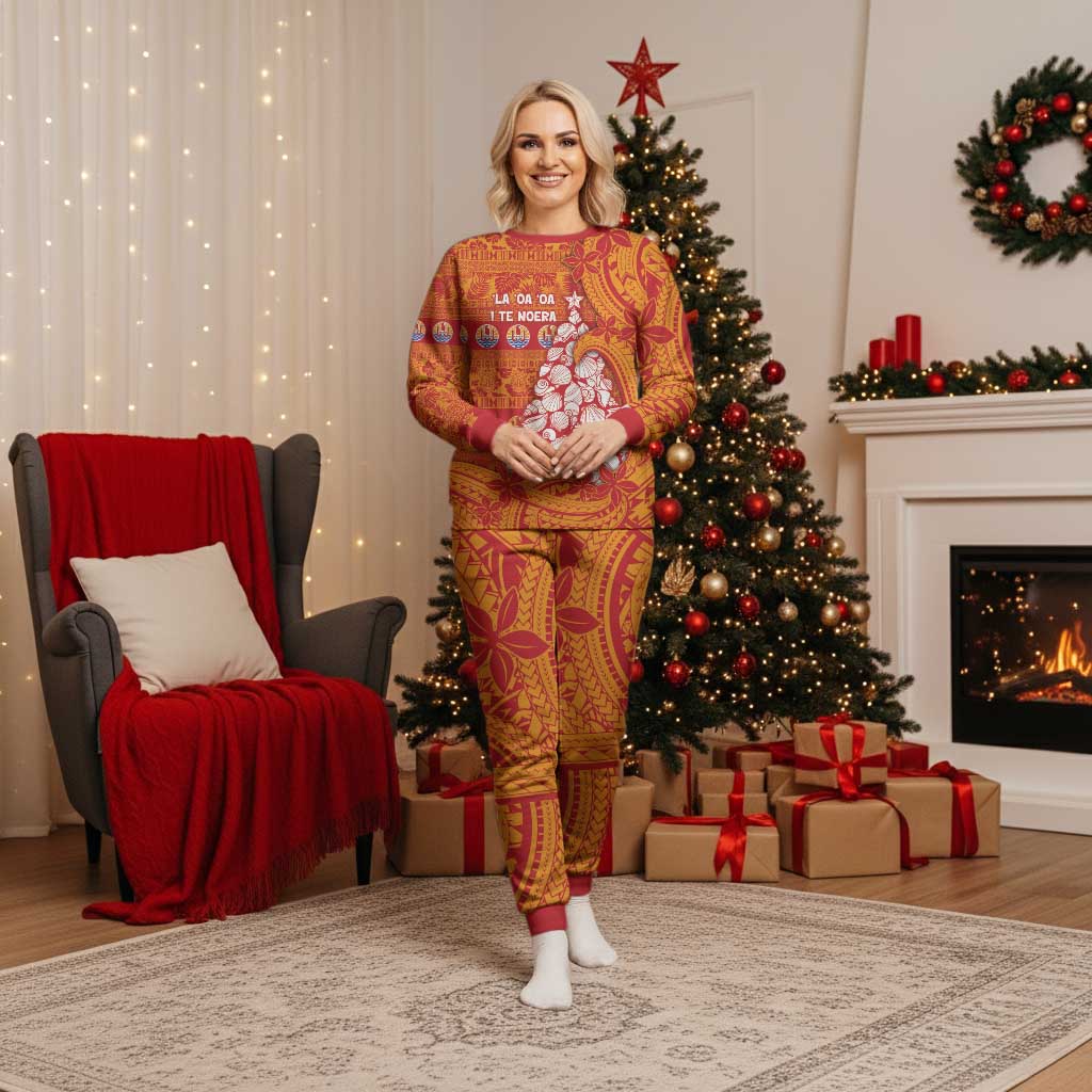 French Polynesia Christmas Pajama Set Seashell Xmas Tree Tribal Waves - Polynesian Pride
