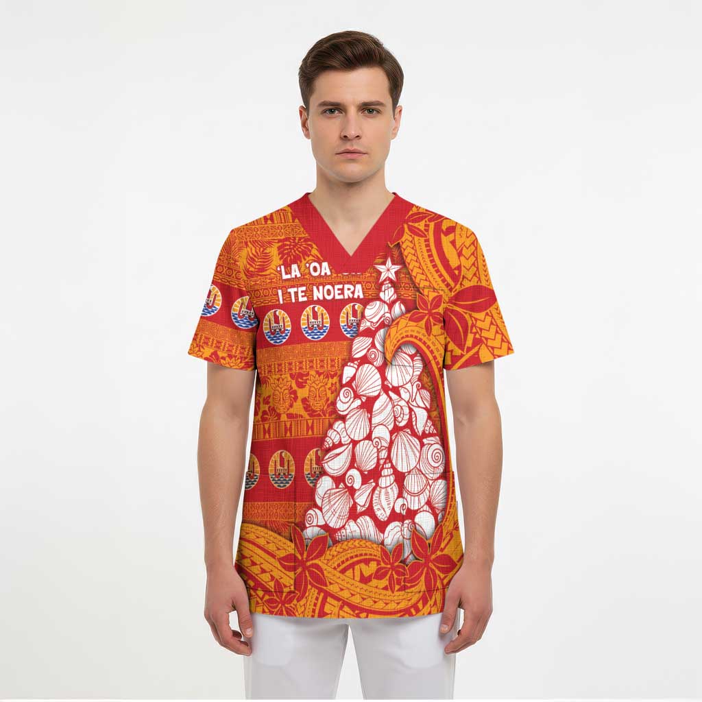 French Polynesia Christmas Scrub Top Seashell Xmas Tree Tribal Waves - Polynesian Pride