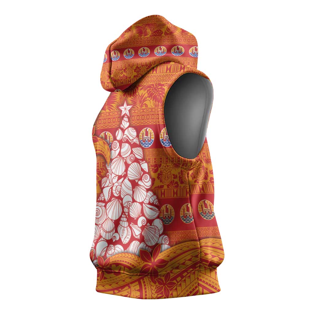 French Polynesia Christmas Sleeveless Hoodie Seashell Xmas Tree Tribal Waves DT05 - Polynesian Pride