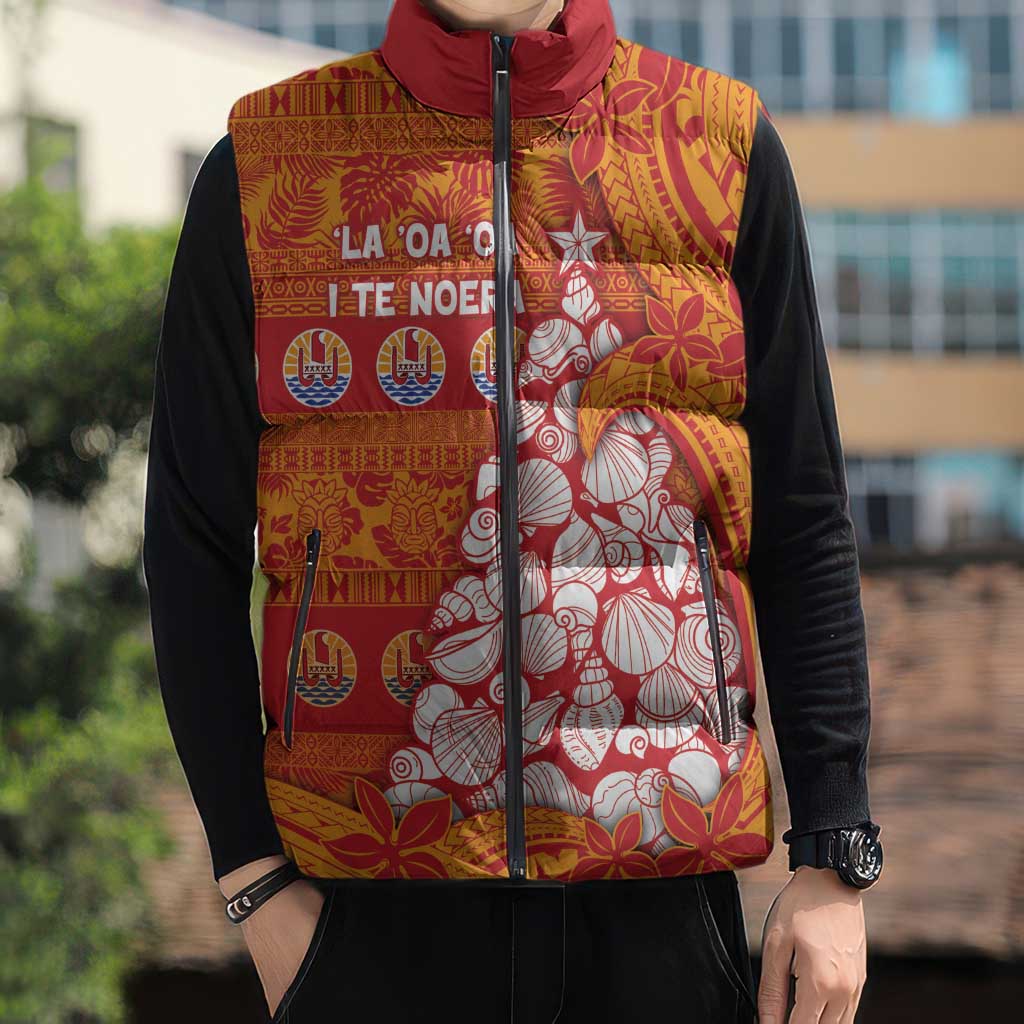French Polynesia Christmas Sleeveless Puffer Jacket Seashell Xmas Tree Tribal Waves - Polynesian Pride